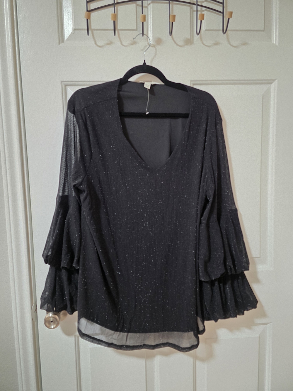 Cato Black V-Neck Glitter Ruffle Sleeve Tunic